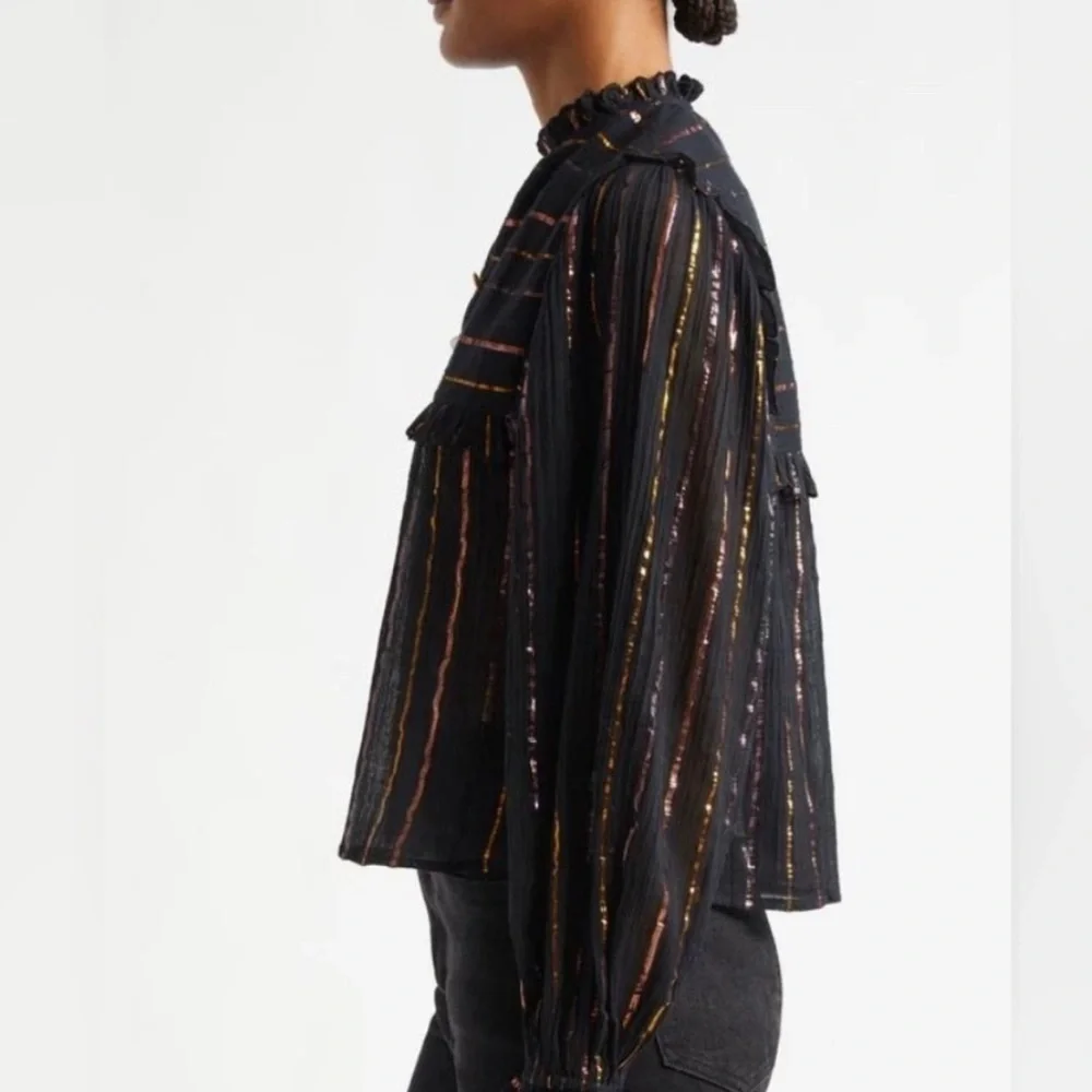 NWT Farm Rio Metallic Stripe Ruffle Shirt in Black XS
⭐️holes - Picture 2 of 9
